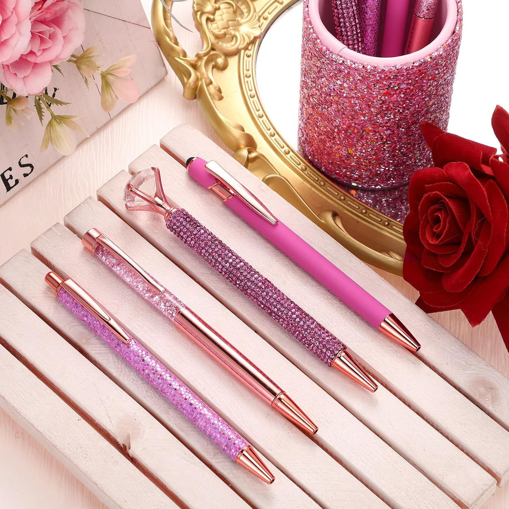 8 Pcs Shiny Pink Pens with Pen Holder for Desk Glitter Crystal Diamond Cute Ballpoint Fancy Pencil Holder Bling Desk Organizer for Women Girls School Office Supplies Wedding Graduation Gifts - view 7