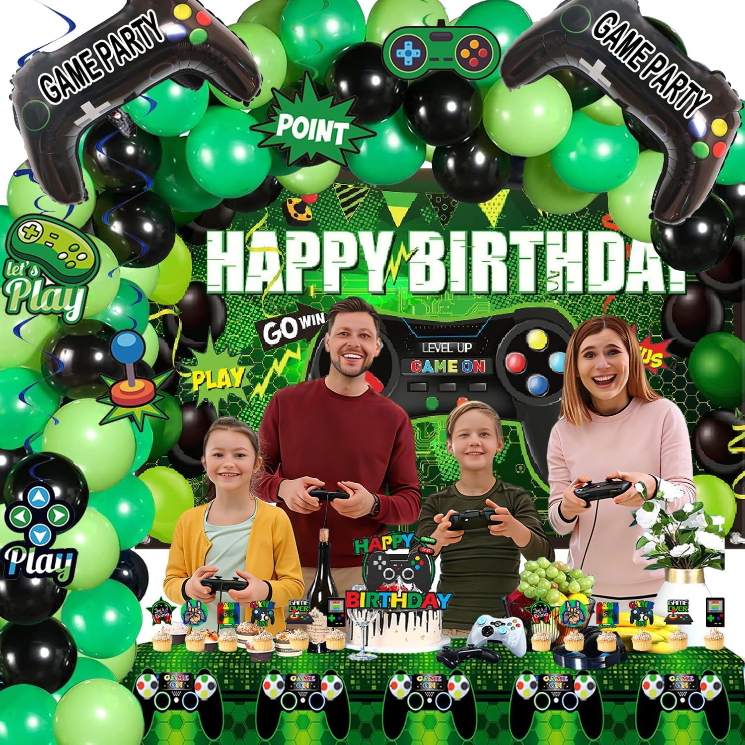 77Pcs Gamer Video Game Birthday Party Decorations Kit for Kids & Boys | Includes backdrop, swirls, table cover, cake toppers & controller balloons. All-in-one easy setup decor for game night. - view 3