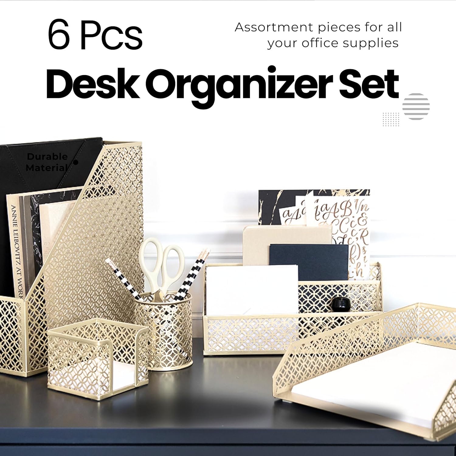 Gold Desk Organizer Set with Mail Sorter, Sticky Note Holder, Pen Cup, Magazine Holder, Letter Tray & Business Card Holder | Stylish Desk Accessories for Women & Home Office Décor - view 3