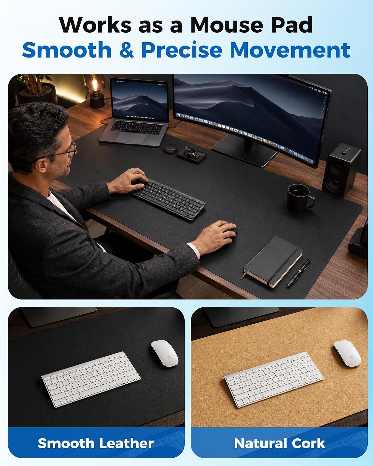 Dual-Sided Desk Pad - 25.6x13.7 inches Leather Desk Mat, Natural Cork Desk Pad Protector, Large Mouse Pad for Desk, Waterproof Desk Blotter Pad, Desk Writing Pad for Office Work/Home, Black - view 3