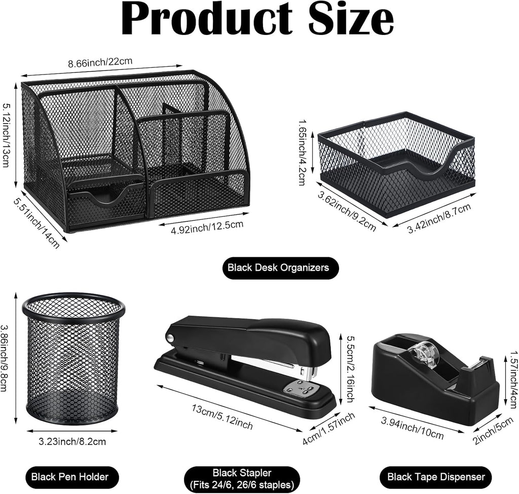 Black desk organizer and accessories, black desk accessories office supply kit include mesh desktop organizer stapler 1000 staples tape dispenser pen holder staple remover clips ruler scissors - view 2