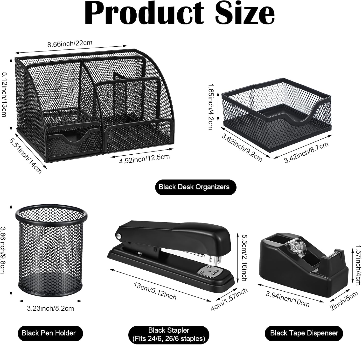 Black desk organizer and accessories, black desk accessories office supply kit include mesh desktop organizer stapler 1000 staples tape dispenser pen holder staple remover clips ruler scissors - view 2