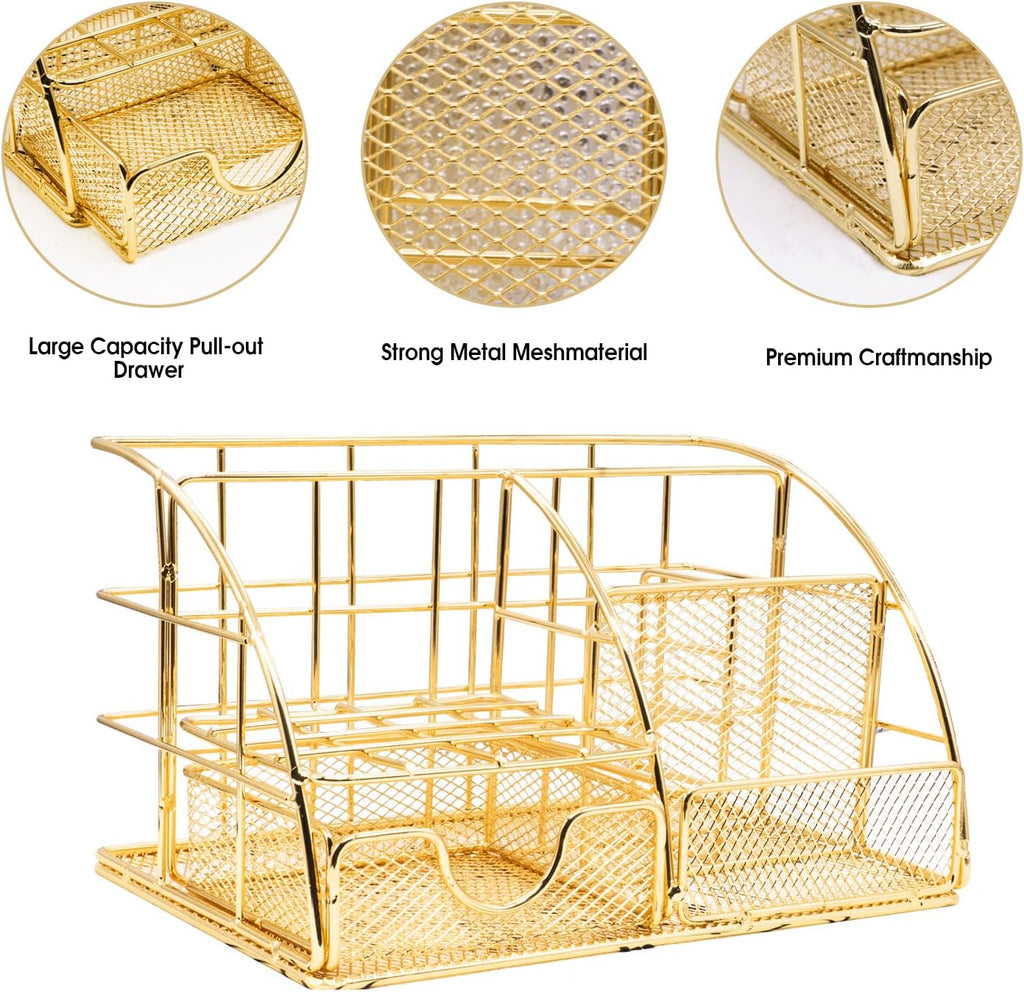Gold Desk Organizers and Accessories Office Supplies Set Stapler, Pen Holder, Phone Holder, Scissors, Pen, Ruler, 30 Paper Clips, 22 Binder Clip, 20 Tacks and 1000pcs Staples (Gold) - view 3