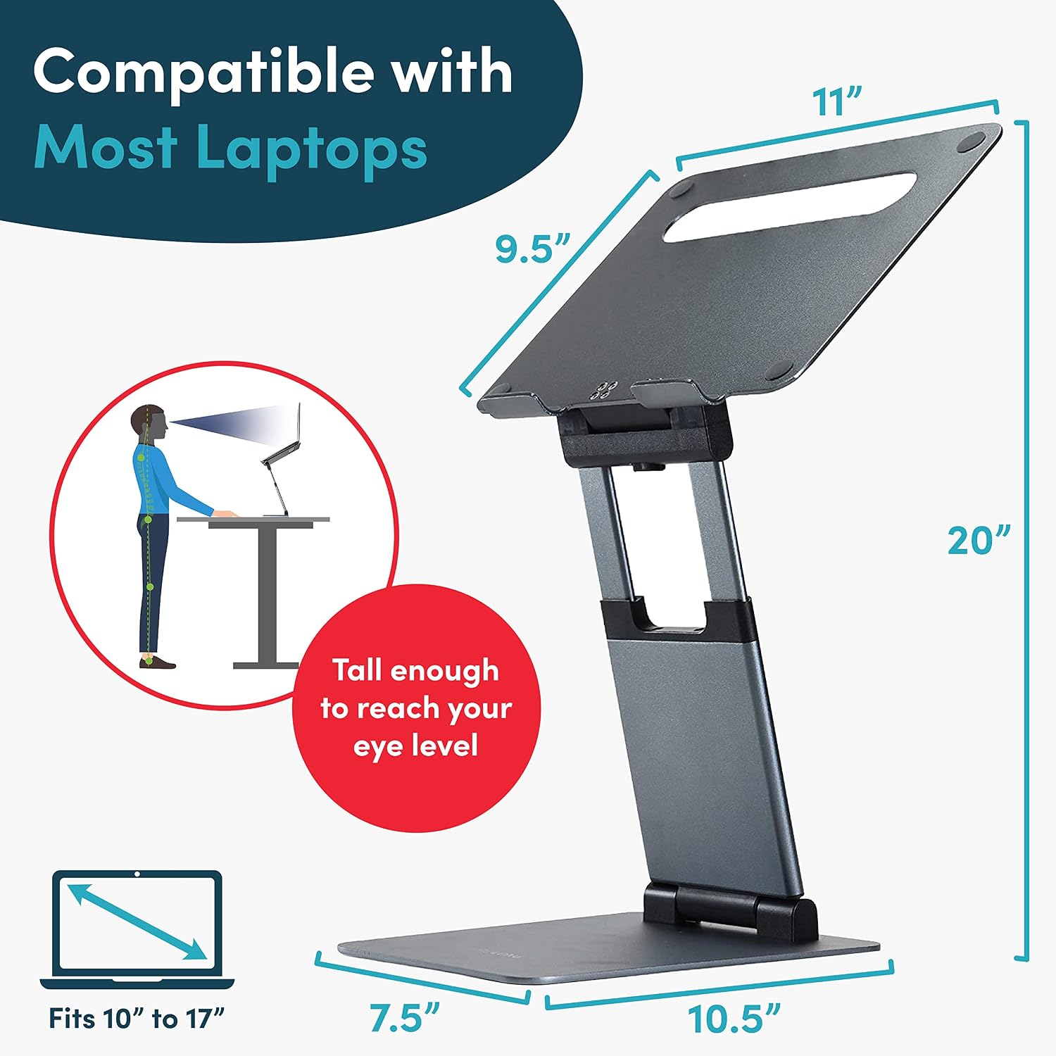 Aluminum Adjustable Laptop Stand, Extra Tall 20" Riser, Grey | Ergonomic Portable Foldable Computer Stand, Fits 10-17” Laptops for Office Meetings, Teamwork & Desk Setup - view 4