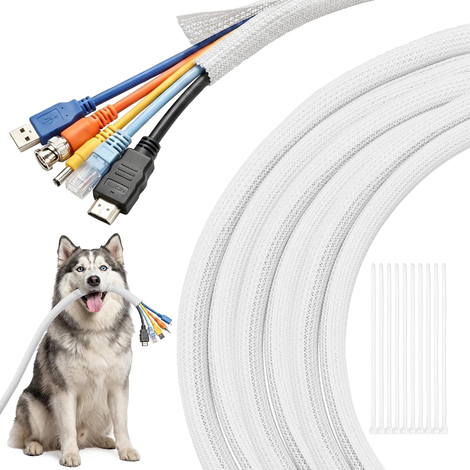 10ft - 1/2 inch Cable Sleeve Cord Protector from Pets No Chew, Split-Braided PVC Wire Loom Tubing for Desk Computer USB TV Cord Organizer, Easy Set-up Cable Management Sleeve Kit, Black - view 8