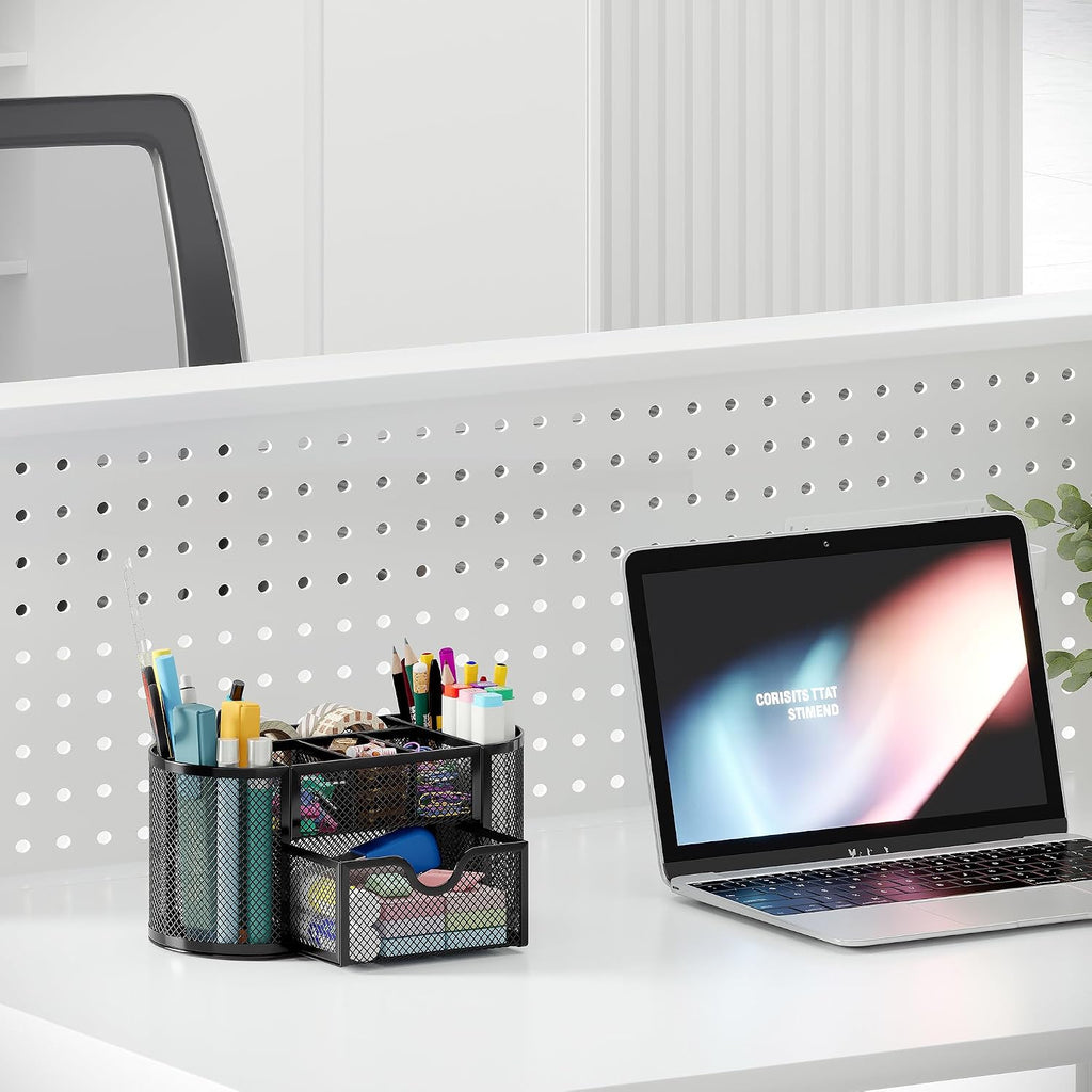 Mesh Pen Holder Desk Organizer with Drawer Stationery Supplies Organizer for Dorm School 9 Compartments Workspace Desk Accessories Organization for Office, Black - view 6