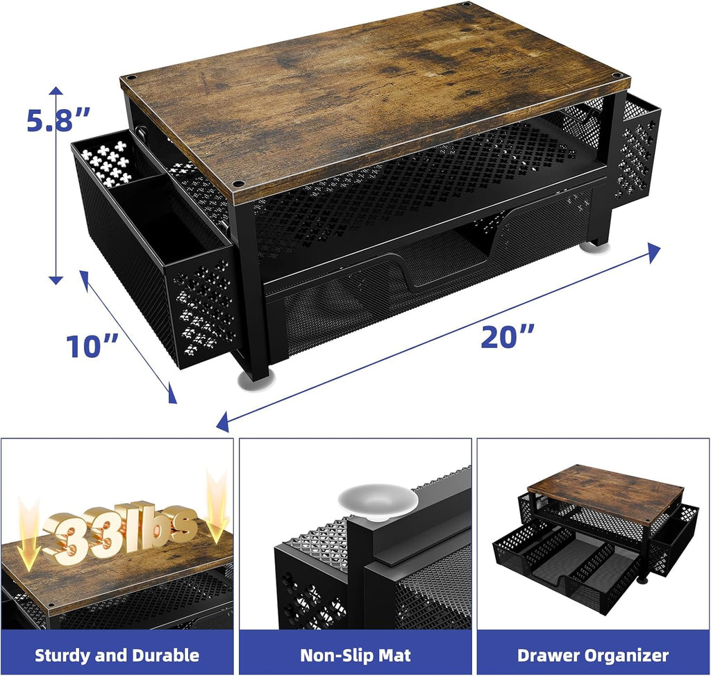 Monitor Stand with Drawer, 2-Tier Laptop Stand, Wood | Desk Organizers and Accessories with Drawer and 2 Pen Holders, Wood + Metal Stand Riser for Home Office, 20"W x 10"D x 5.8"H - view 7