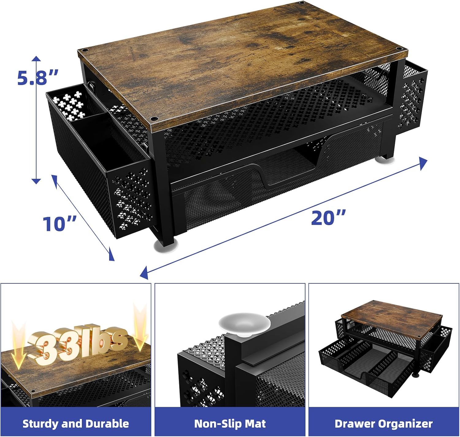 Monitor Stand with Drawer, 2-Tier Laptop Stand, Wood | Desk Organizers and Accessories with Drawer and 2 Pen Holders, Wood + Metal Stand Riser for Home Office, 20"W x 10"D x 5.8"H - view 7