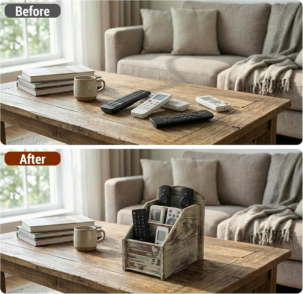 Rustic Torched Wood Remote Control Holder for Table with 3 Compartments, Living Room TV Media Organizer - view 2