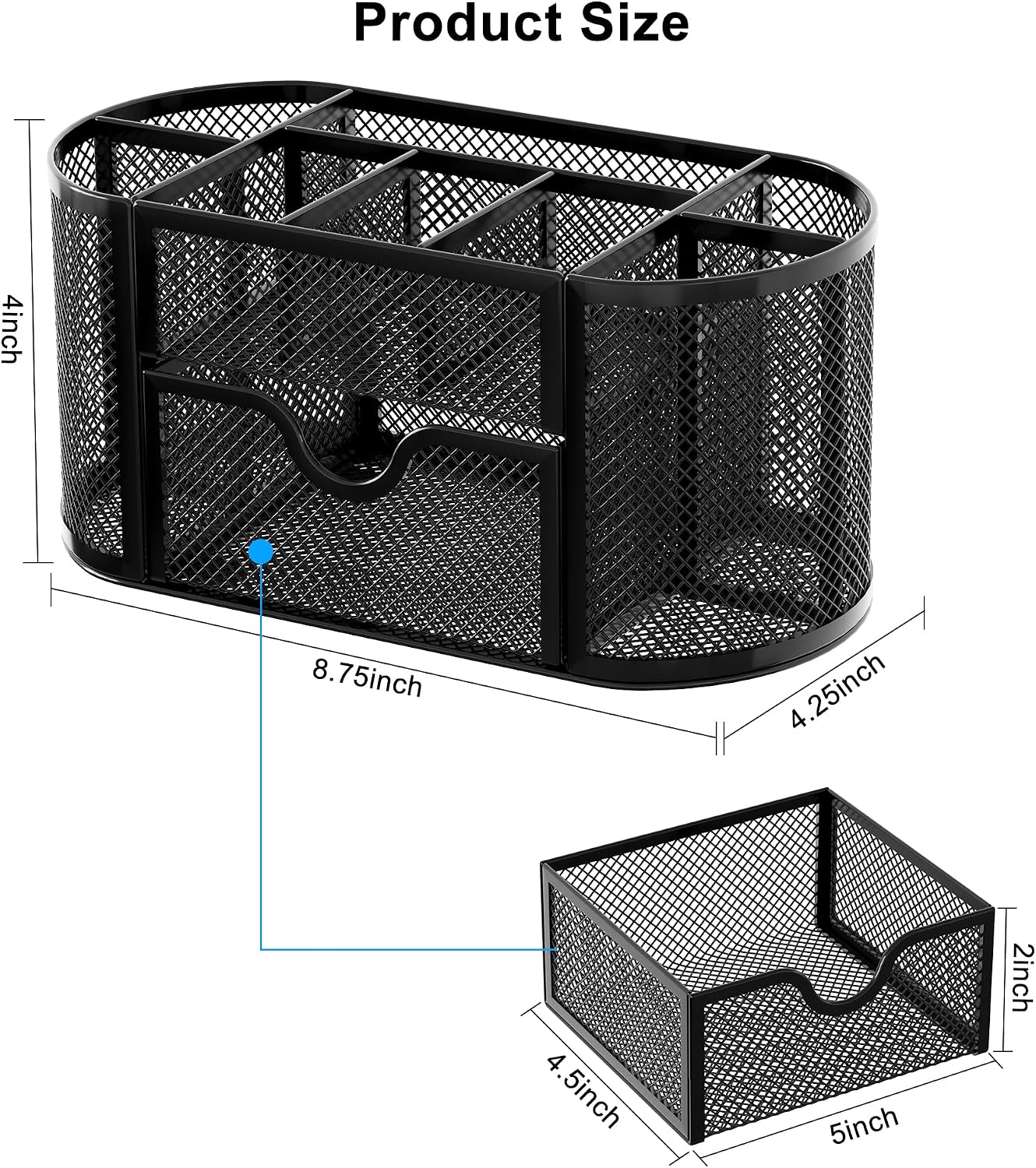 Mesh Pen Holder Desk Organizer with Drawer Stationery Supplies Organizer for Dorm School 9 Compartments Workspace Desk Accessories Organization for Office, Black - view 8