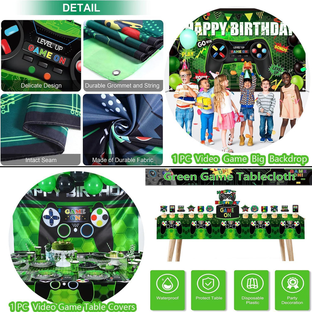 77Pcs Gamer Video Game Birthday Party Decorations Kit for Kids & Boys | Includes backdrop, swirls, table cover, cake toppers & controller balloons. All-in-one easy setup decor for game night. - view 6