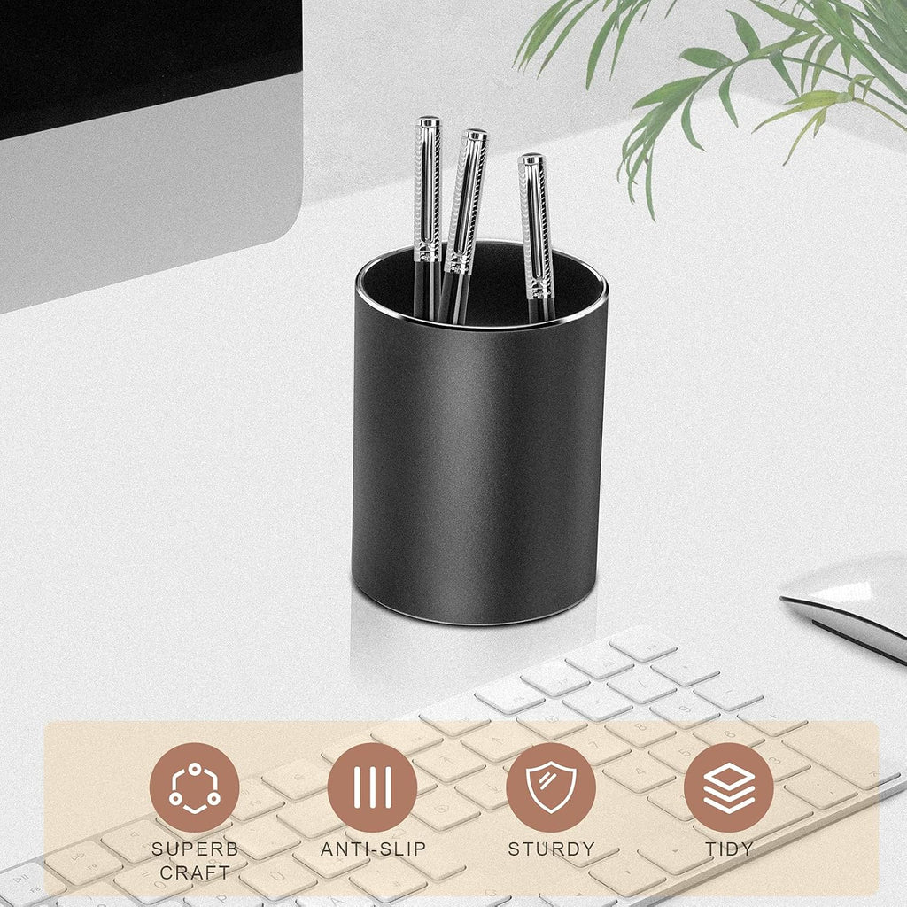 Metal Pen Holder Aluminum Pencil Holder for desk, Round Desktop Organizer and Black Pencil Cup for Office, School, Home and Stationary Supplies (3.15 x 3.15 x 3.94 Inches) - view 3