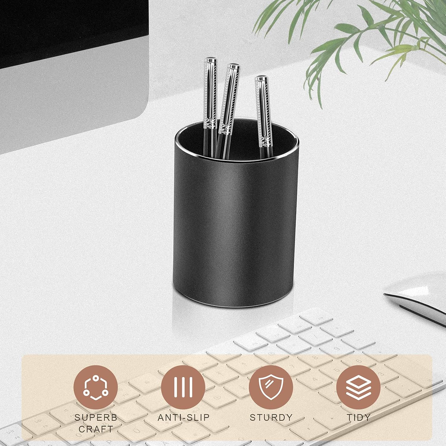 Metal Pen Holder Aluminum Pencil Holder for desk, Round Desktop Organizer and Black Pencil Cup for Office, School, Home and Stationary Supplies (3.15 x 3.15 x 3.94 Inches) - view 3
