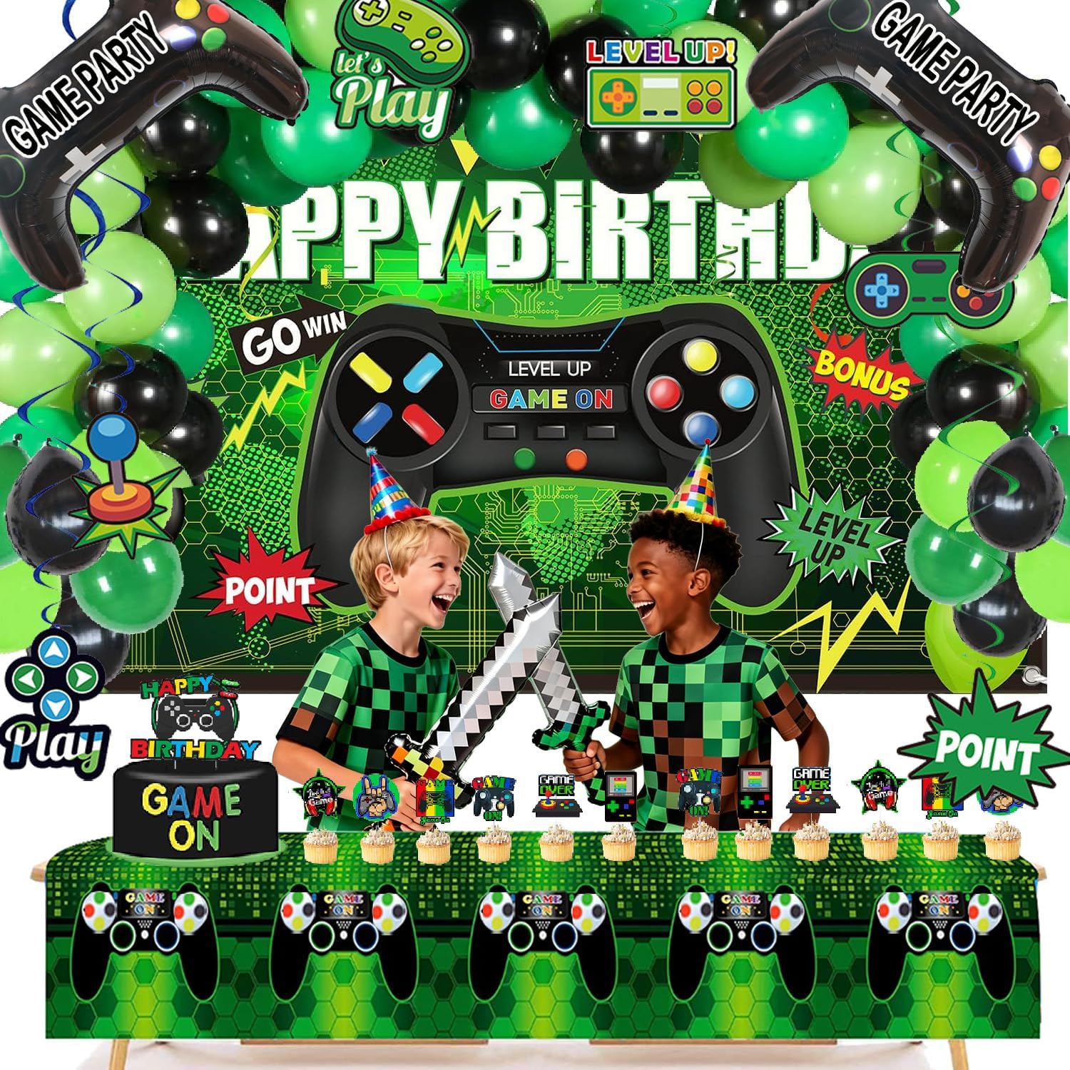 77Pcs Gamer Video Game Birthday Party Decorations Kit for Kids & Boys | Includes backdrop, swirls, table cover, cake toppers & controller balloons. All-in-one easy setup decor for game night. - view 5