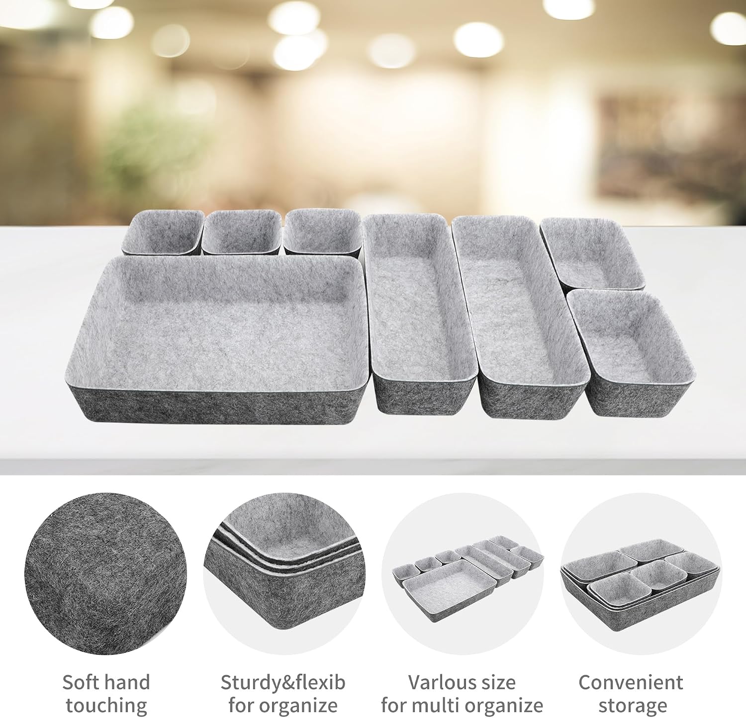 8pcs Drawer Organizers, Separators, Storage Box,Felt Storage Bins Inserts Tool Containers Toy Basket Shelf Cubes Foldable Drawer Dividers Desk Organisers -Grey Matching - view 4