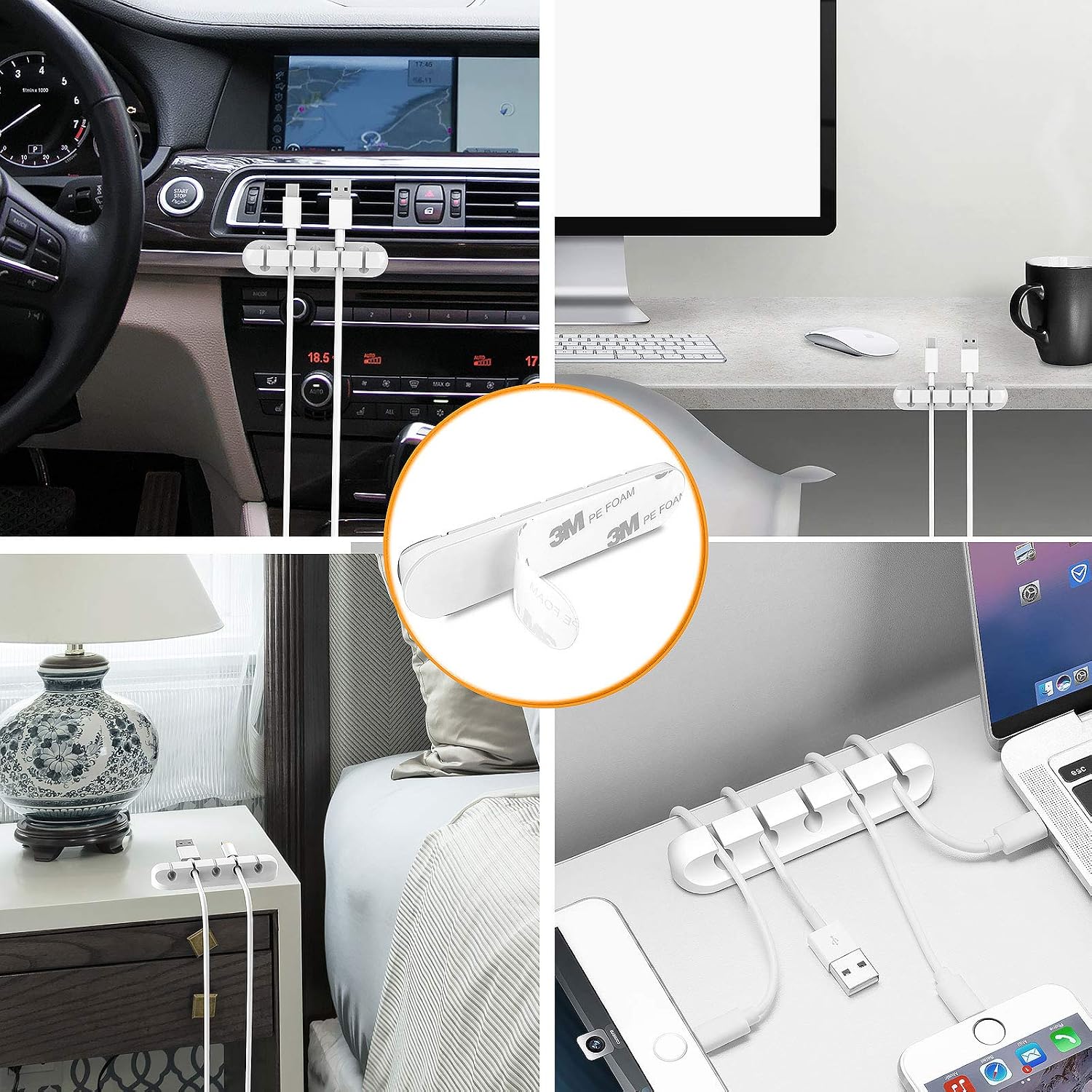 Cord holder cable organizer clips cord organizer for desk, nightstands | self adhesive, office, car, white silicone cord keeper, cable management, wire holders for phone charger cords - view 2