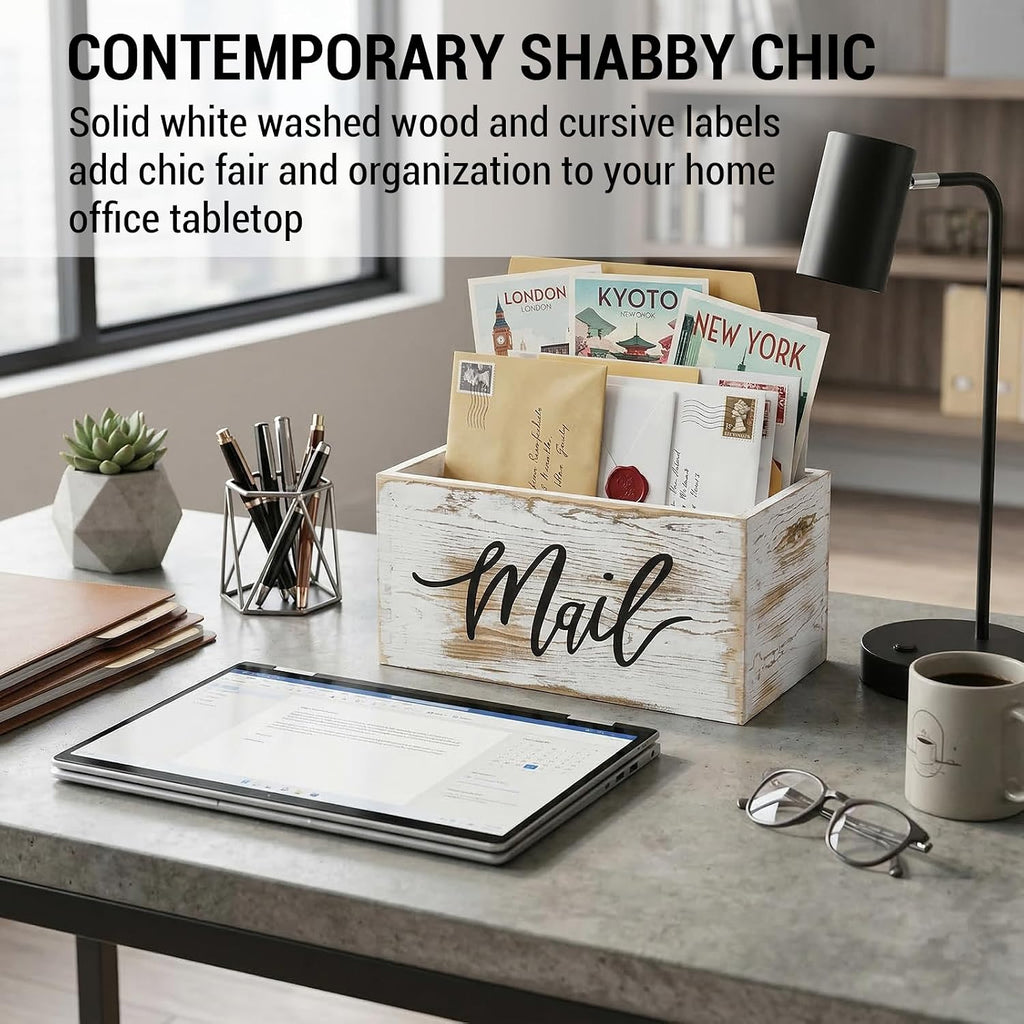 Whitewashed Wood Mail Holder Organizer Box With MAIL Design | MAIL Script Detail, Keeps Correspondence Organized, Desktop Accent, Easy Access, Compact Design, Home Office Essential - view 3