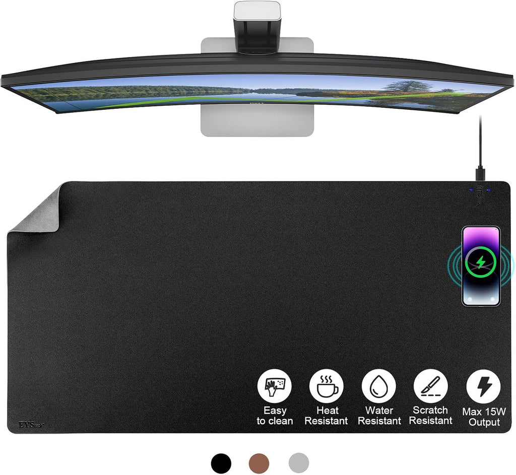 Desk Pad with Wireless Charger, Leather, Waterproof, Anti-Slip Wool Felt Base Material, Office Table Mat, Fast Charging Gaming Mouse Pad, 32”(L) x 16”(W), Black (Right Side Charging Port)