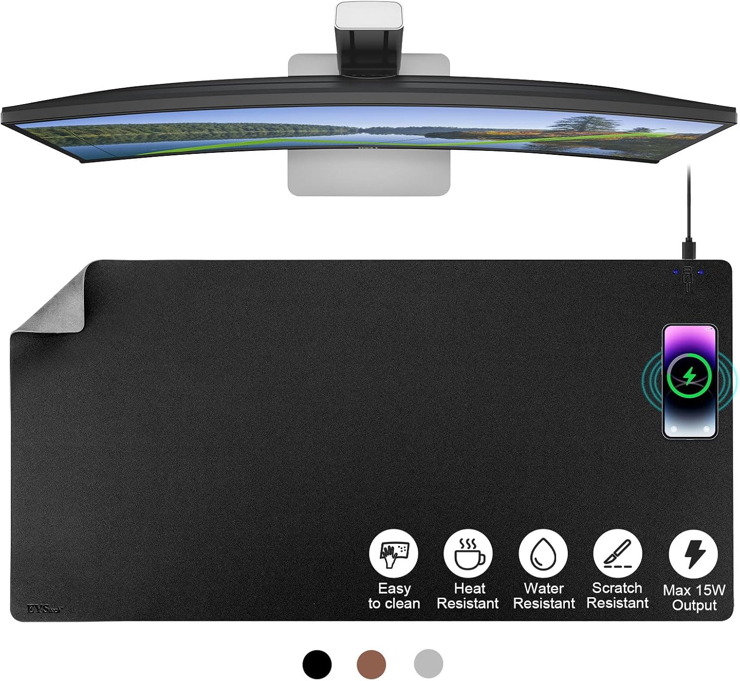 Desk Pad with Wireless Charger, Leather, Waterproof, Anti-Slip Wool Felt Base Material, Office Table Mat, Fast Charging Gaming Mouse Pad, 32”(L) x 16”(W), Black (Right Side Charging Port)