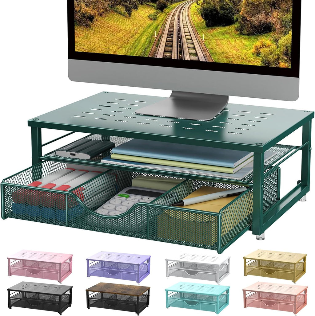 Computer Monitor Stand Riser with Drawer | Desk Organizers and Accessories Desk Accessories & Workspace Desktop Organizers Storage for Printer Stand (Dark Green)
