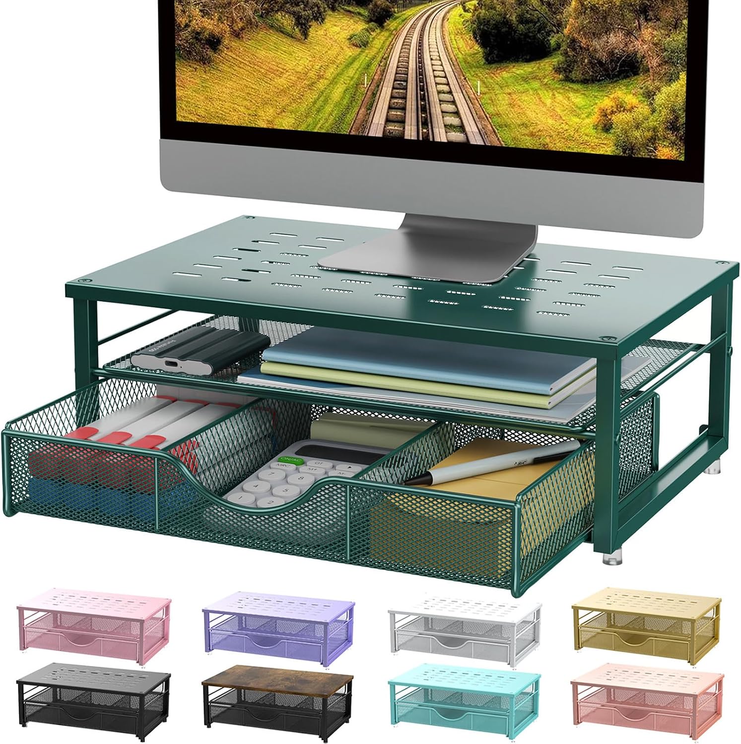 Computer Monitor Stand Riser with Drawer | Desk Organizers and Accessories Desk Accessories & Workspace Desktop Organizers Storage for Printer Stand (Dark Green)