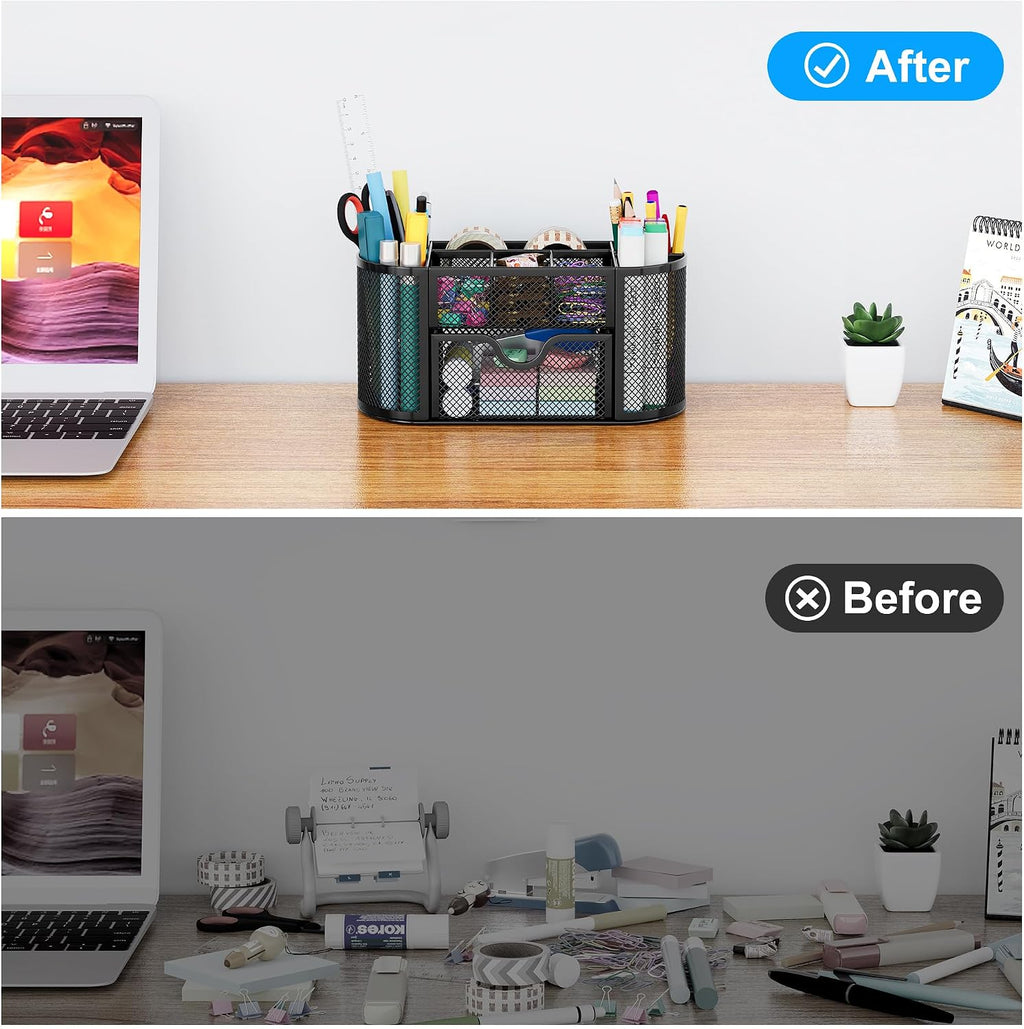 Mesh Pen Holder Desk Organizer with Drawer Stationery Supplies Organizer for Dorm School 9 Compartments Workspace Desk Accessories Organization for Office, Black - view 5