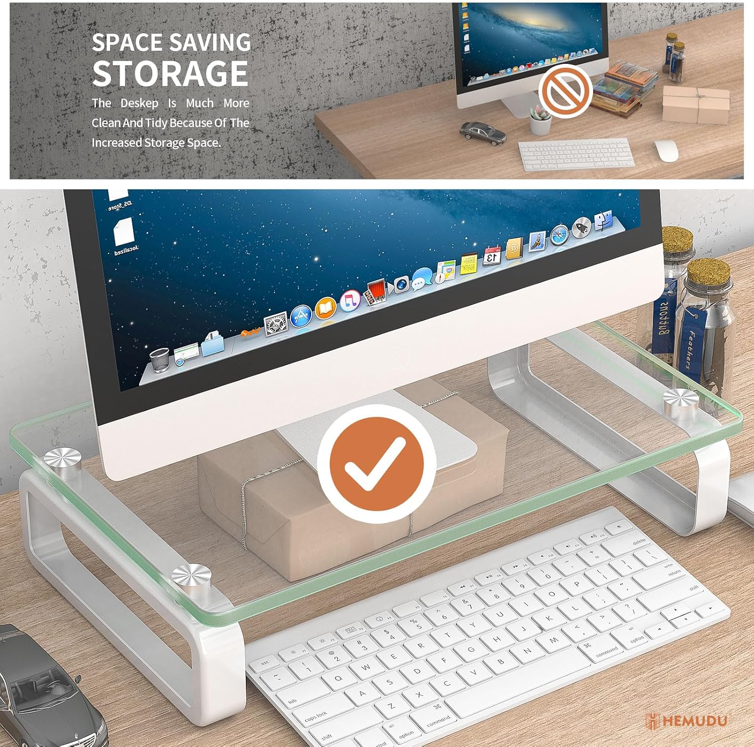 Clear Computer Monitor Stand Riser Multi Media Desktop Stand for Flat Screen LCD LED TV, Laptop/Notebook, with Tempered Glass and Metal Legs, HD02T-001 - view 4