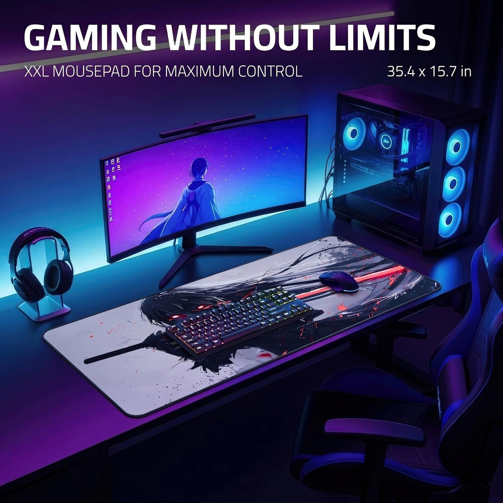 XXL anime gaming mouse pad 35.4 x 15.7 inch - water-resistant | stitched edges - large XL mousepad for desk - gamer accessories big full deskpad mat game mousepads deskmat - view 3