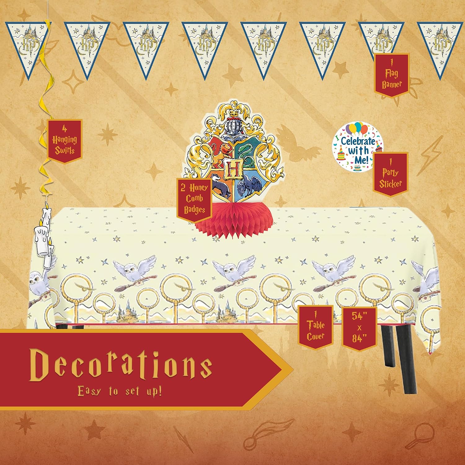 Harry Potter Party Kit | Deluxe Party For 16 | Officially Licensed | Plates, Napkins, Paper Table Cover, Decor Kit | Wizard Birthday Decorations For Kids, Fast Setup, Cohesive Party Look - view 3