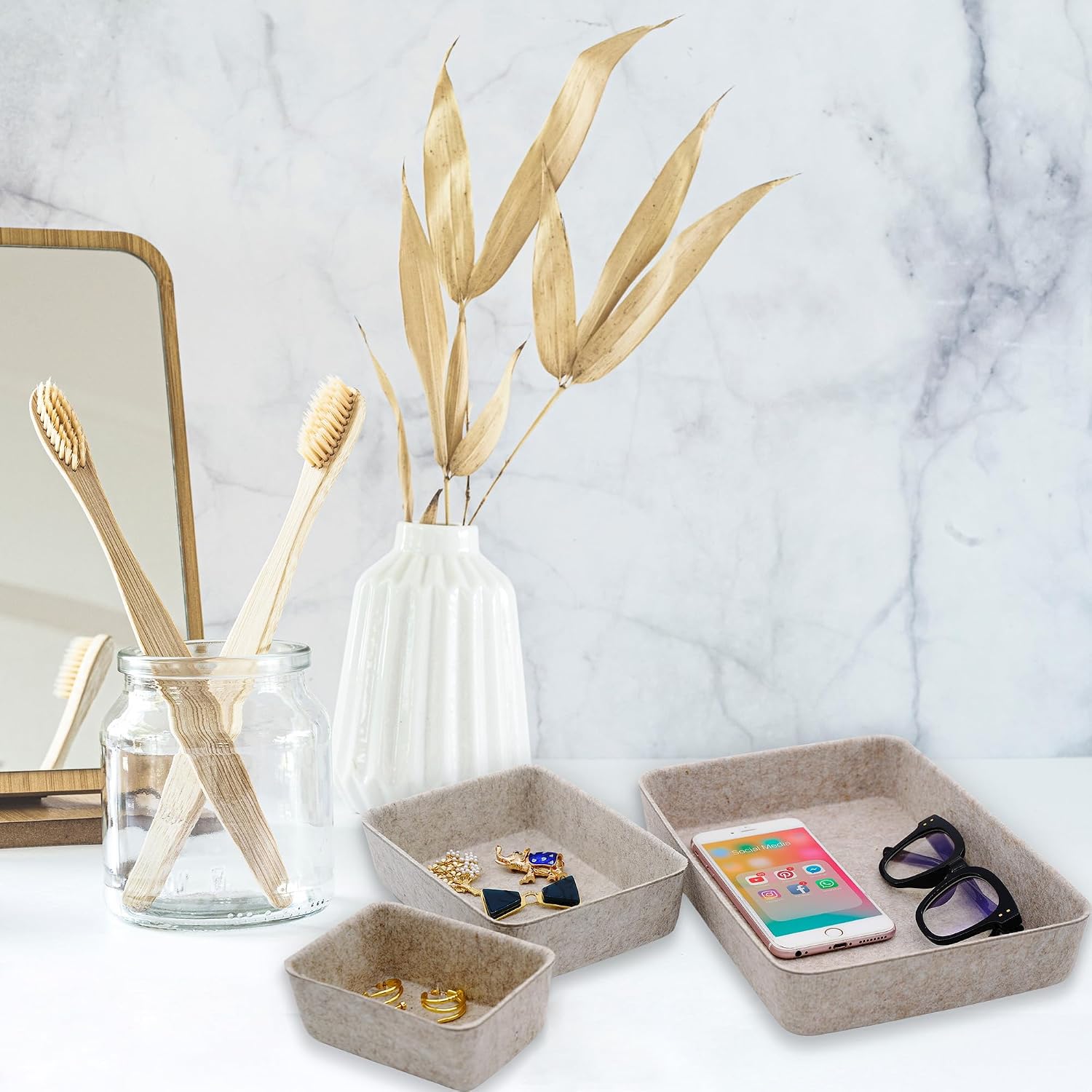 Office Drawer organizers felt storage bins Shallow Small Desk trays Draw dividers Nordic Lifestyle Natural Scandinavian-chic style 7-piece (Oatmeal) | Sustainable material soft yet sturdy,multi-purpose storage, sleek minimalist lifestyle - view 3
