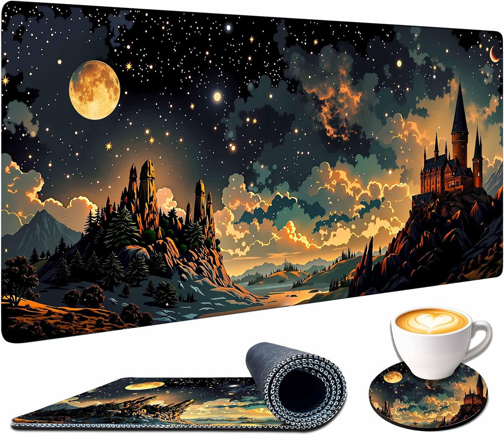 Extended Large Mouse Pad for Desk 35.4 X 15.7 Full Desk Mousepad for Keyboard and Mouse Mat Desktop Decor and Accessories XXL Mouse Pad for Home Office Mousepad Castle Night