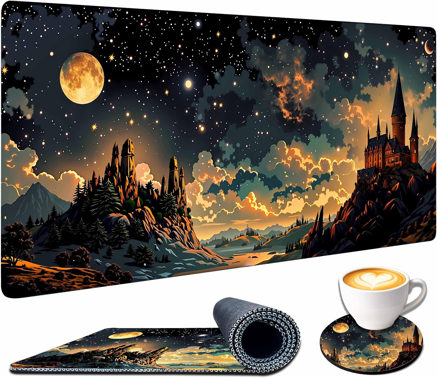 Extended Large Mouse Pad for Desk 35.4 X 15.7 Full Desk Mousepad for Keyboard and Mouse Mat Desktop Decor and Accessories XXL Mouse Pad for Home Office Mousepad Castle Night