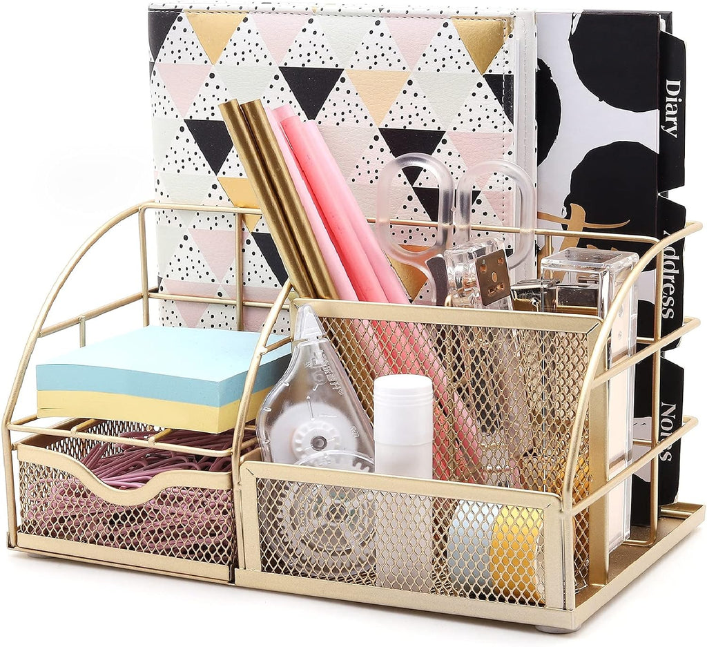 Desk Organizer Metal Mesh 7 Compartments Office Tidy Caddy Gold | Compact Gold Metal Mesh Design with Drawer and Multi Size Sections for Pens Notes Papers and Home Office Items