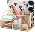 Desk Organizer Metal Mesh 7 Compartments Office Tidy Caddy Gold | Compact Gold Metal Mesh Design with Drawer and Multi Size Sections for Pens Notes Papers and Home Office Items