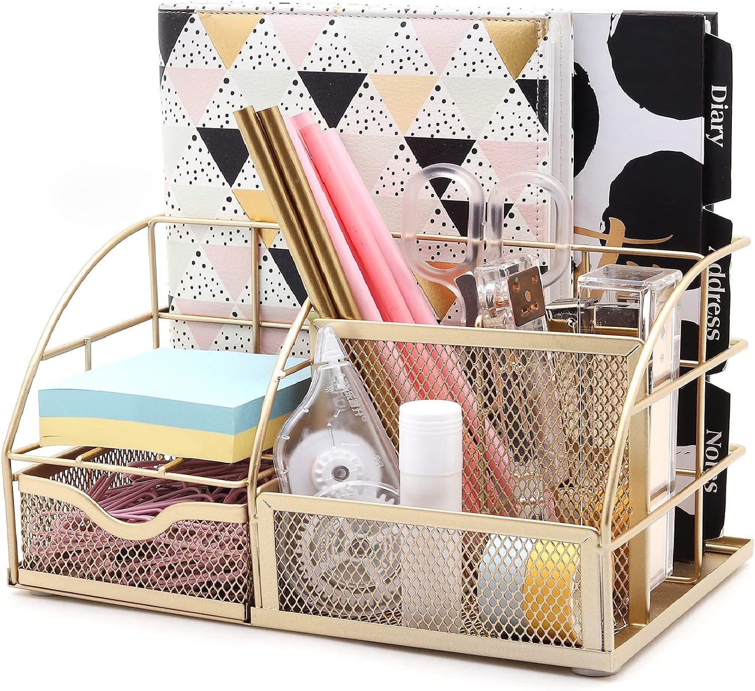 Desk Organizer Metal Mesh 7 Compartments Office Tidy Caddy Gold | Compact Gold Metal Mesh Design with Drawer and Multi Size Sections for Pens Notes Papers and Home Office Items