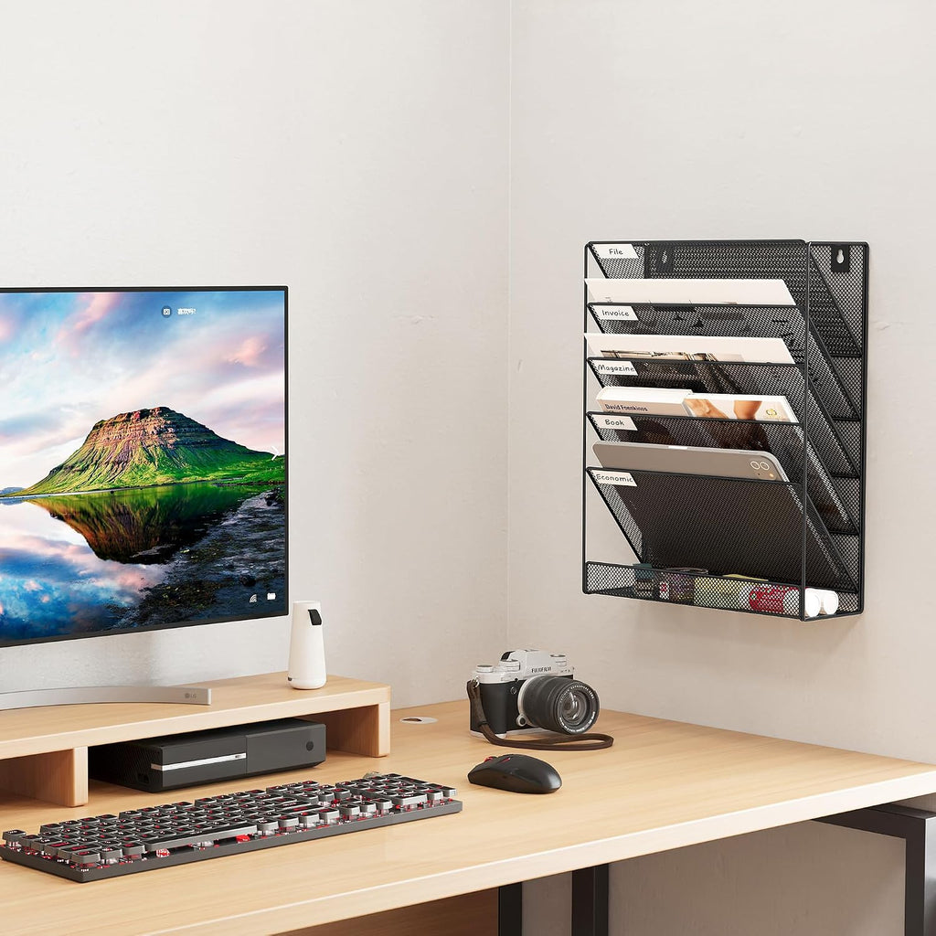 5 Tier Wall File Holder, Mesh Hanging Folder Organizer with Classify Label, Versatile Desk File Holder, Vertical Wall Mounted Mail Organizer for Office Home Cubicle, Black - view 7
