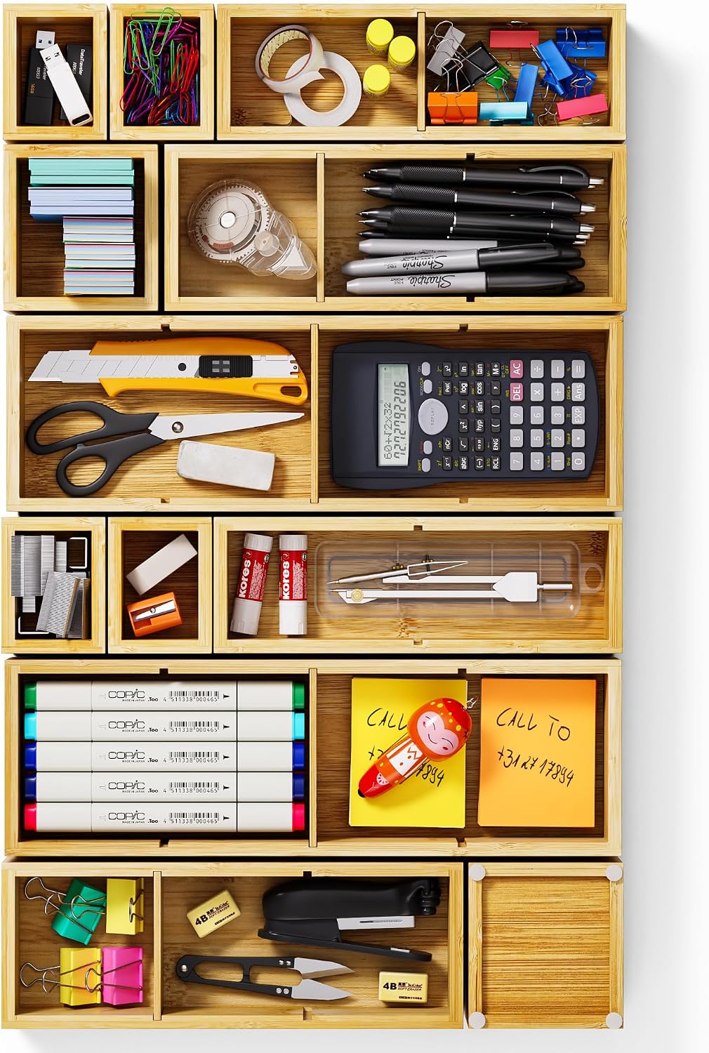 Bamboo Drawer Organizer with 9 Adjustable Compartments, Desk Storage Tray | Natural Bamboo, Flexible Modular Trays, Water-Resistant, Adjustable, Excellent Organization, Easy to Clean, Non-Slip Design - view 7
