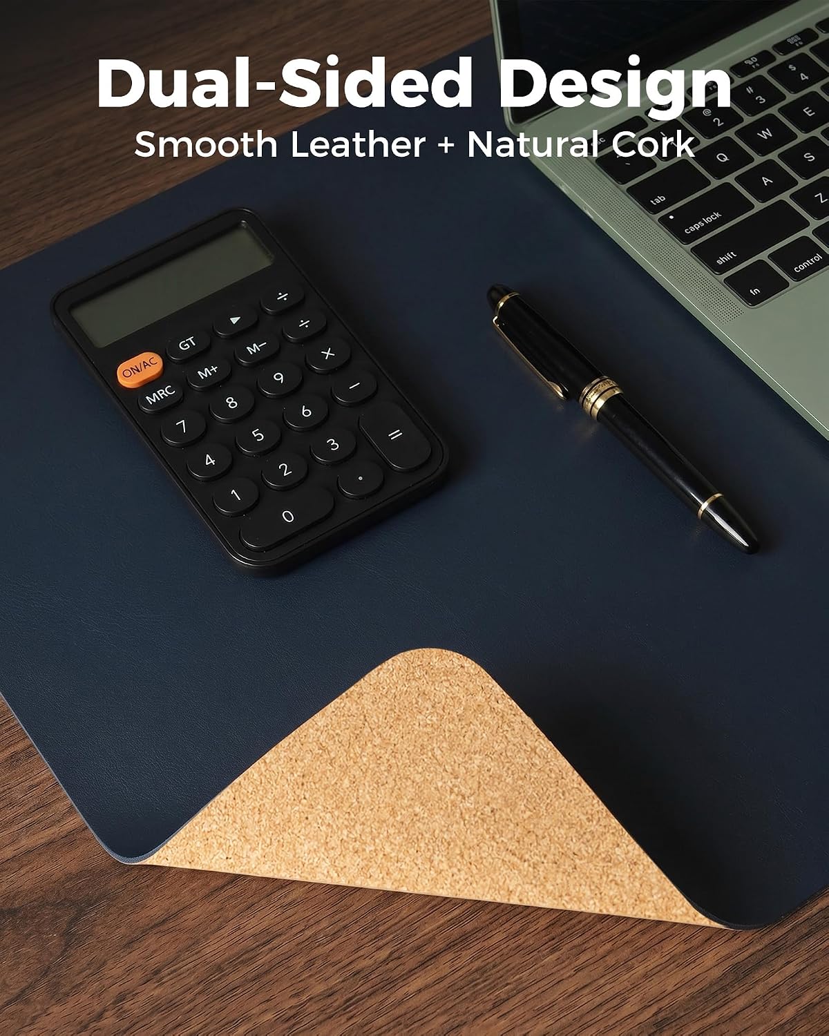 Dual-Sided Desk Mat, FSC Cork & PU Leather Desk Pad, Large Mouse Pad & Writing Surface for Daily Workspace Setup, Non-Slip Waterproof Desk Protector - 35.4" x 15.7", Dark Blue - view 2