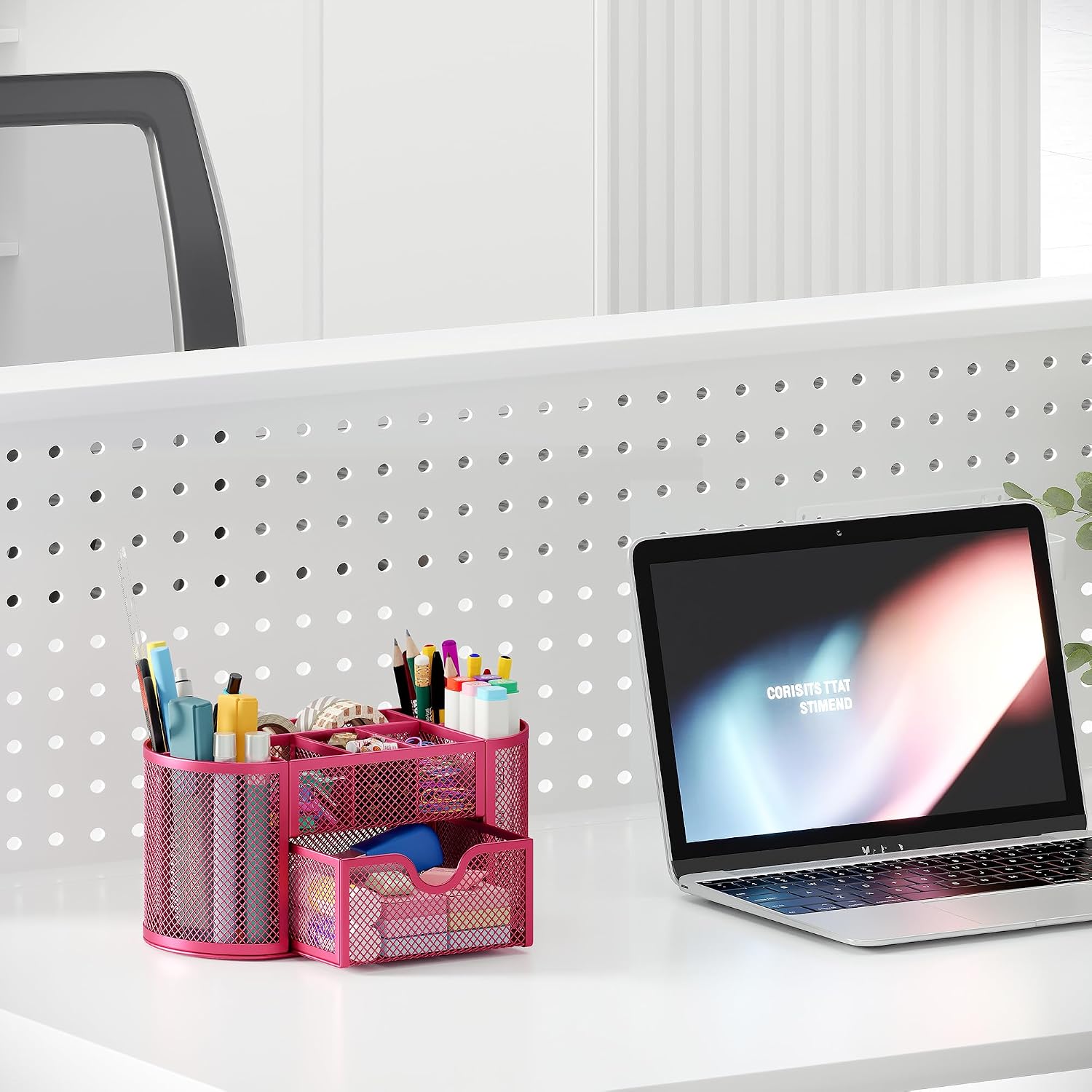 Mesh Pen Holder Desk Organizer with Drawer Stationery Supplies Organizer for Dorm School 9 Compartments Workspace Desk Accessories Organization for Office, Hot Pink - view 6