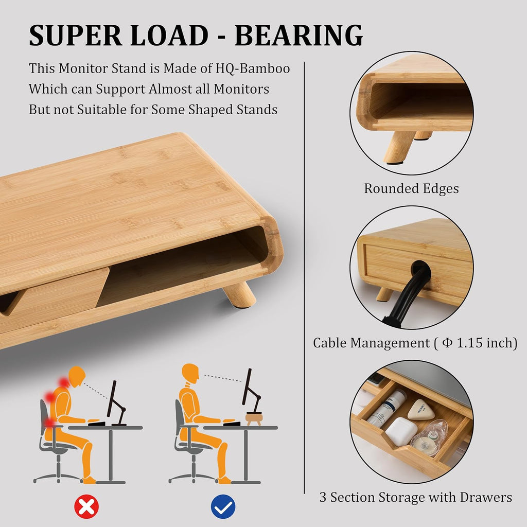Bamboo Monitor Stand Riser, No Assembly Required Exquisite Monitor Stand with Drawer Ergonomic Height Wood Monitor Stand - view 4