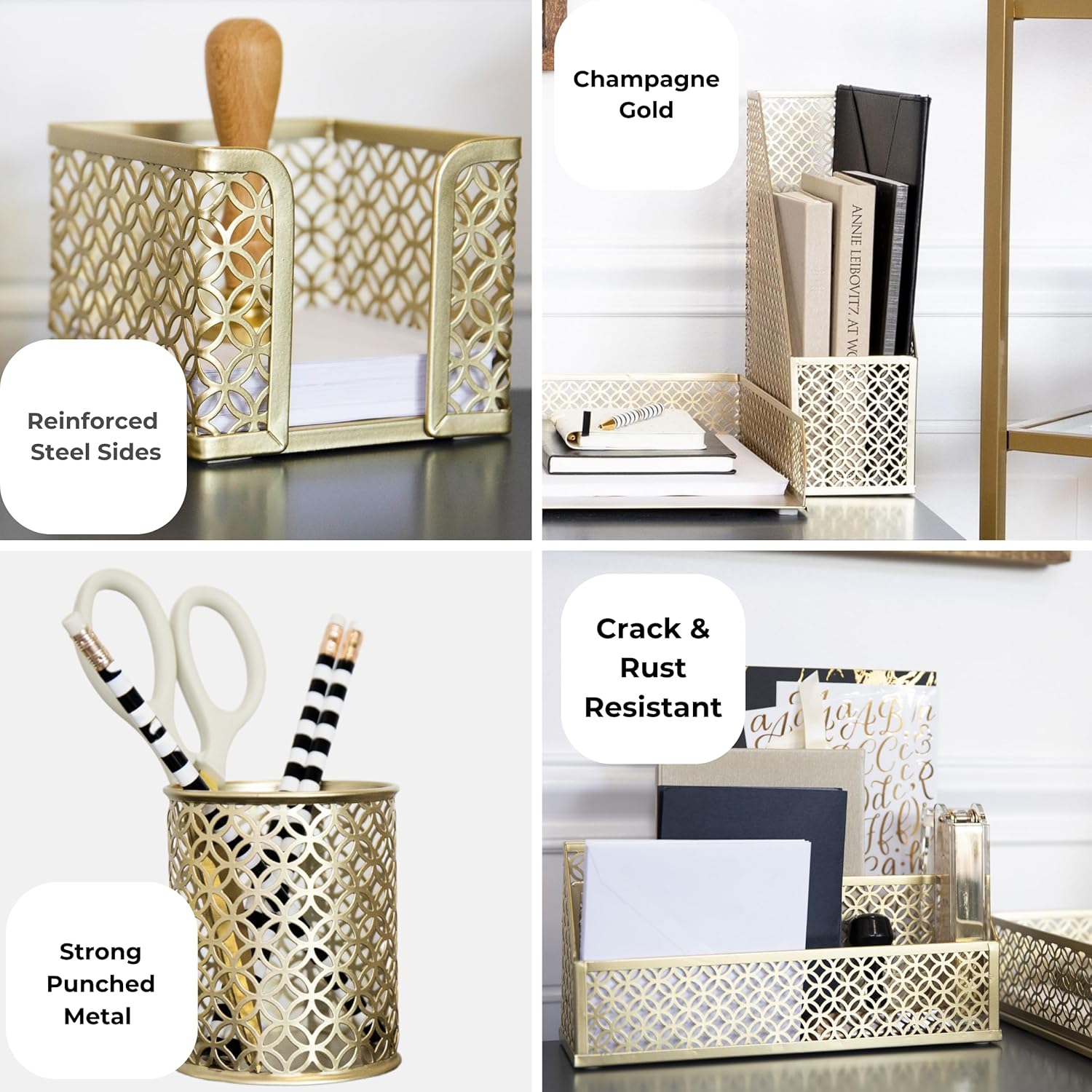 Gold Desk Organizer Set with Mail Sorter, Sticky Note Holder, Pen Cup, Magazine Holder, Letter Tray & Business Card Holder | Stylish Desk Accessories for Women & Home Office Décor - view 5