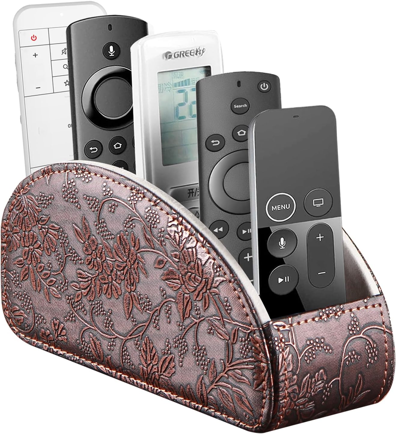 All-in-one TV remote holder/caddy for remote controls with 5 compartments | PU leather nightstand desktop storage box organizer/tray for makeup, media player controller, phone, pen, office desk accessories