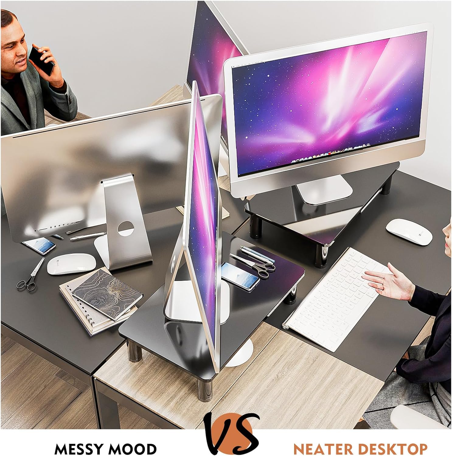 2 Pack Computer Monitor Stand Riser with Height Adjustable Multi Media Desktop Stand for Flat Screen LCD LED TV, Laptop/Notebook/Xbox One, Black HD01B-202 - view 4