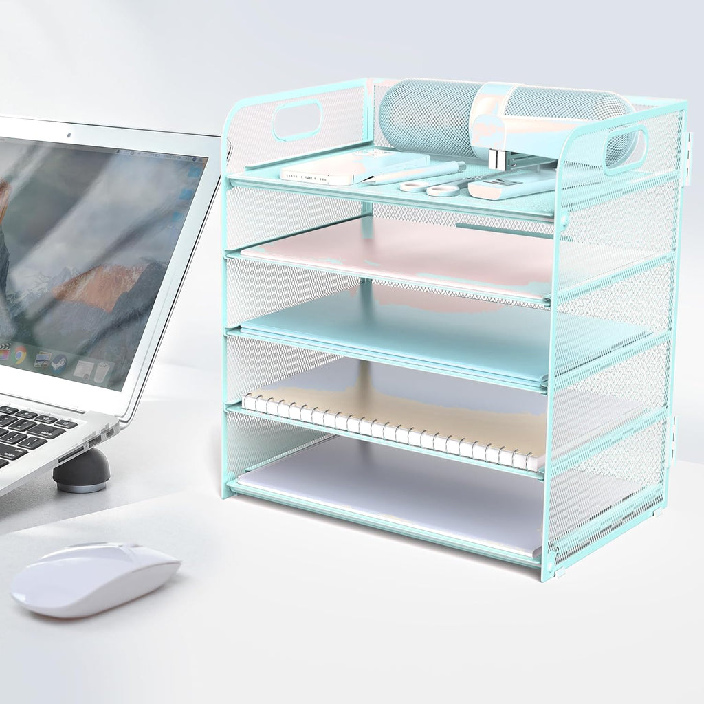 Letter tray paper organizer 5-tier desk organizer file organizer paper holder with handle, metal desktop document shelf tray office classroom organization - blue - view 6