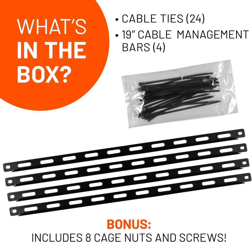 Rack Cable Management Tie Bar Kit - Includes 4X 1U Tie Bars, 24 Zip Ties, 8 Cage Nuts, & 8 Screws - Works with 19" Open Frame Racks & Enclosures - view 6