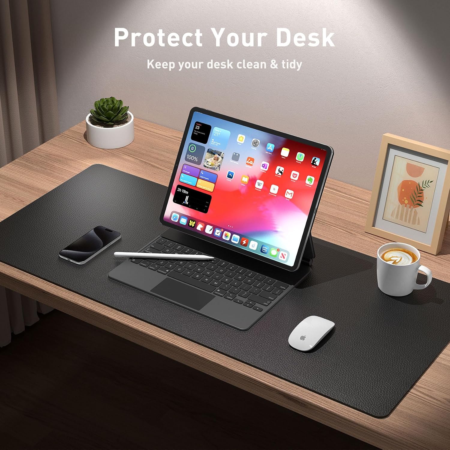 Non-Slip Waterproof PU Leather Desk Pad Protector for Mouse, Writing Desk, Office, Home, Laptop Blotter, 23.6" x 13.7", Black - view 3