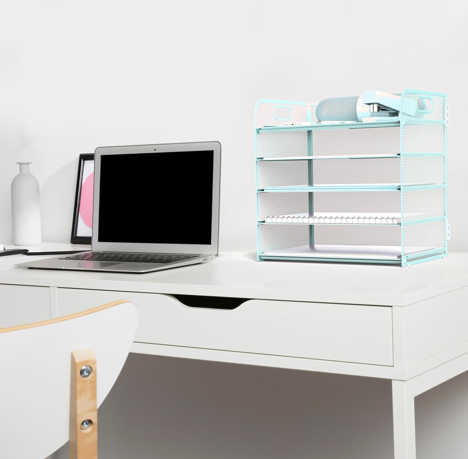 Letter tray paper organizer 5-tier desk organizer file organizer paper holder with handle, metal desktop document shelf tray office classroom organization - blue - view 4