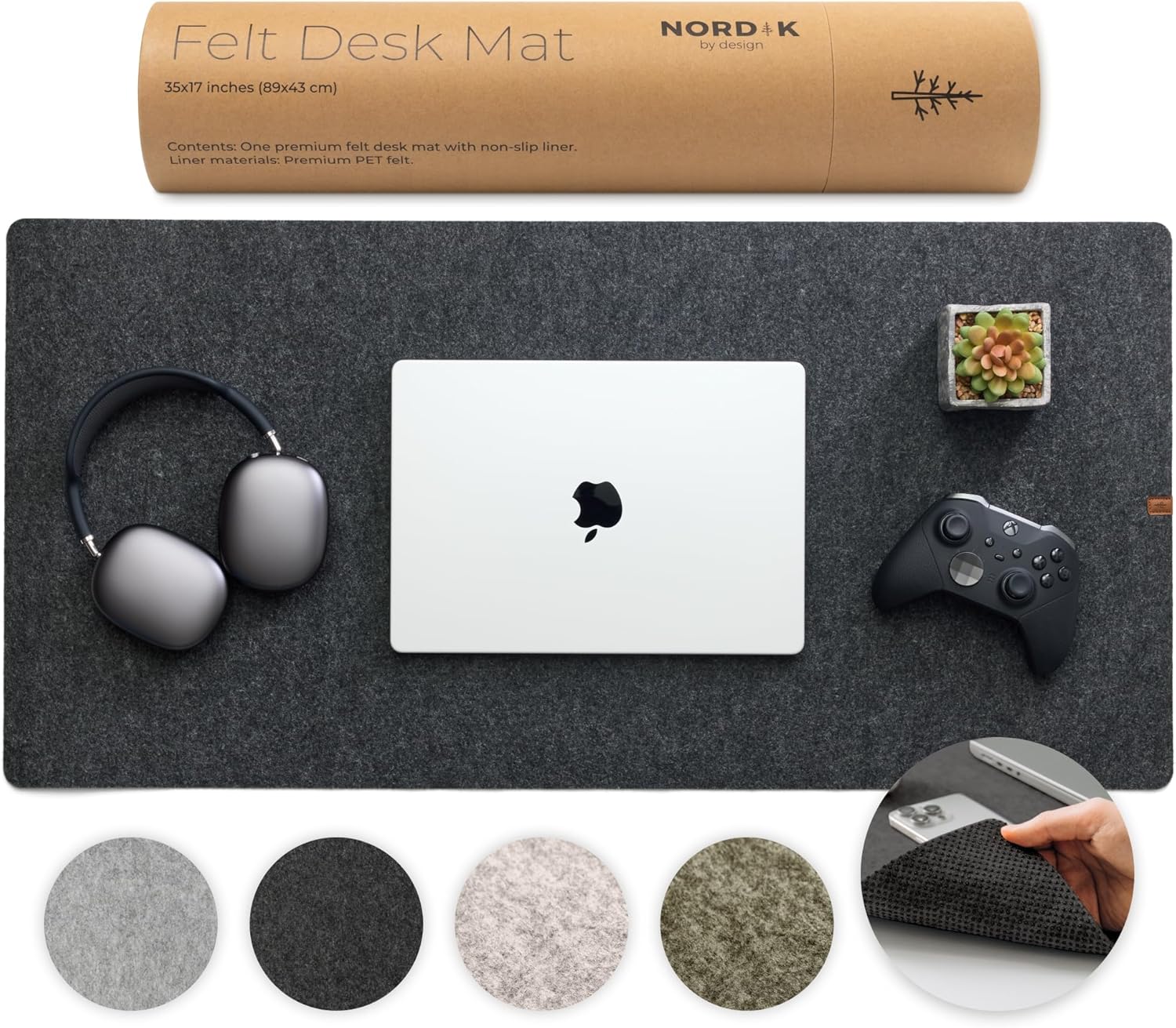 Felt desk mat - large felt desk pad - charcoal (35 x 17 inches) | premium desk mat for desktop, full desk keyboard mouse pad, high quality felt and non-slip rubber liner for home and office