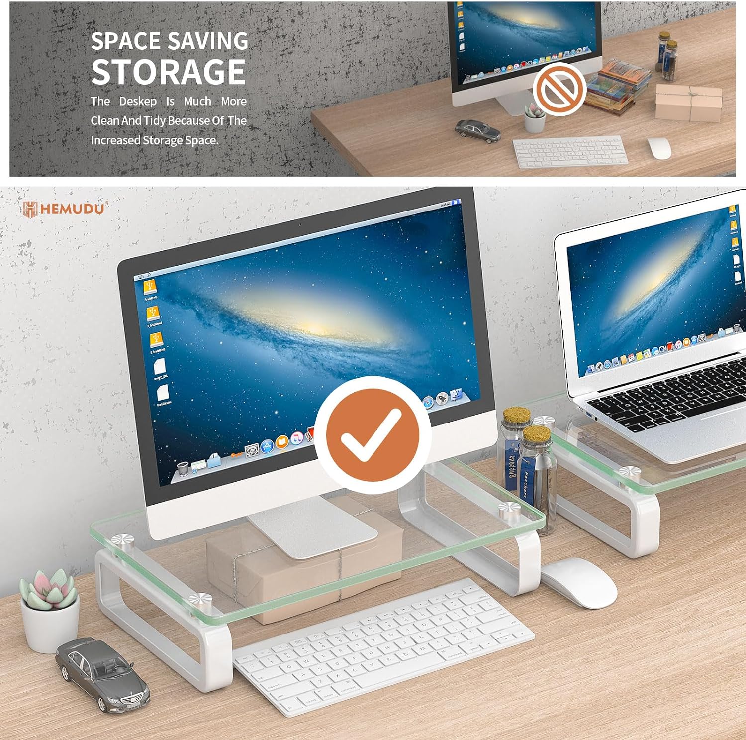 2 Pack Computer Monitor Stand Riser Multi Media Desktop Stand for Flat Screen LCD LED TV, Laptop/Notebook, with Tempered Glass and Metal Legs,HD02T-201 - view 4