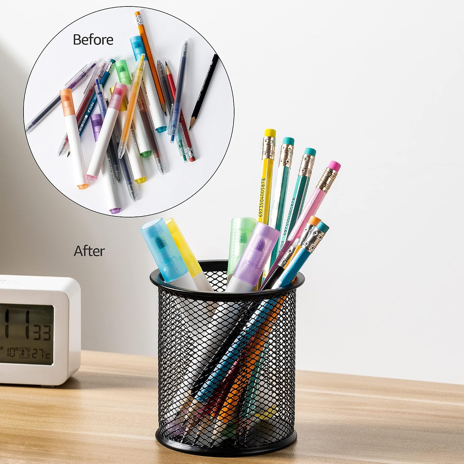 Wire Mesh Pen Holder, Pencil Cup Desk Organizer for Stationery, Scissors, Office Caddy Storage, 3.7" x 3.3", Black - view 7